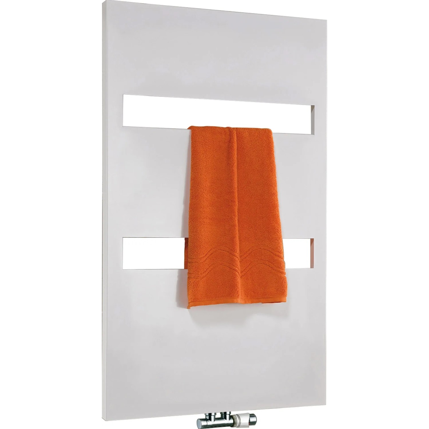 Schulter Design-Heizkörper Turin, alpinweißer Badheizkörper mit Handtuch.