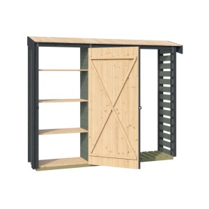 GH Killarney RH 300GrGnA Holz-Gartenhaus mit Regalen, Tür und Platz für Brennholz.