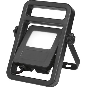 Schwarzer LED-Baustrahler mit Tragebügel, 20W, für Innen- und Außenbereiche.