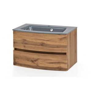 Held Möbel Waschtisch Salerno, 80 cm, Wotaneiche mit grauem Glasbecken. Einzelwaschtisch mit zwei Auszügen.