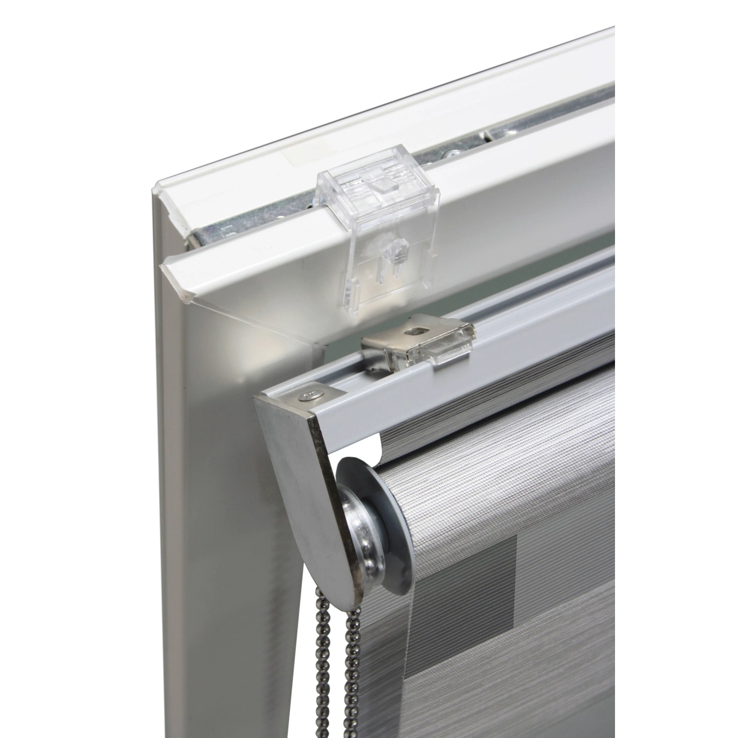 Detailaufnahme: Gardinia Doppelrollo de Luxe, 50x180 cm, grau, mit Montage-Details.