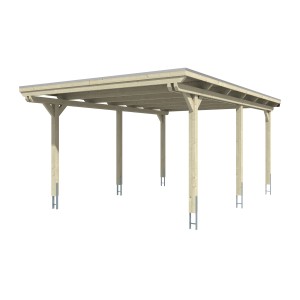 Skan Holz Einzelcarport Emsland: Flachdach Carport aus Holz mit Aluminium Dachplatten und sechs Pfosten.