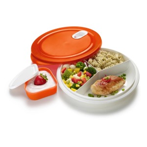 Rotho Mikrowellenteller XL, 1,2 l, Papaya, mit Fächern und separatem Behälter mit Joghurt und Erdbeere.