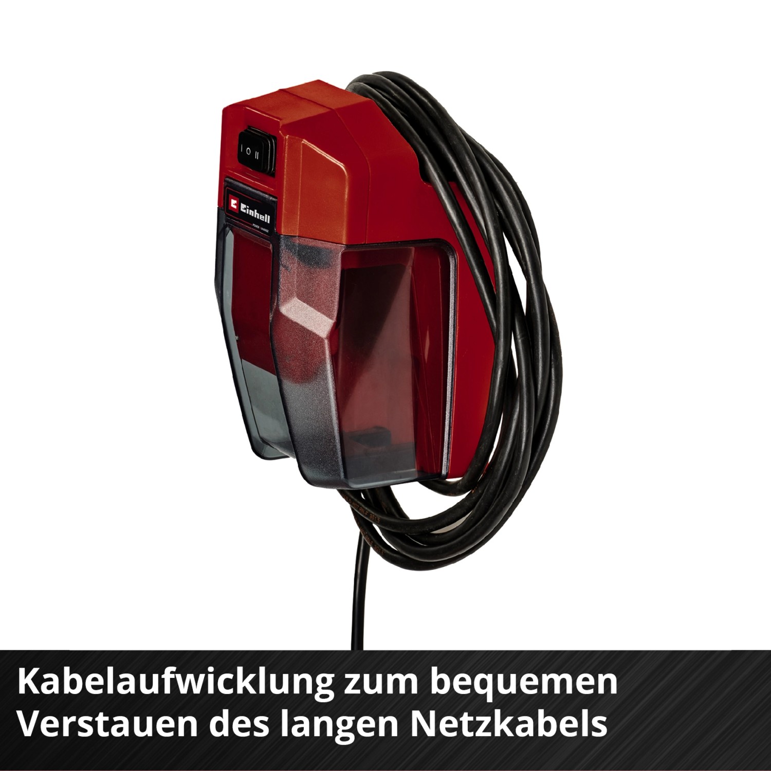 Einhell Akku-Wasserpumpe: Detailaufnahme der Kabelaufwicklung für das Netzkabel.