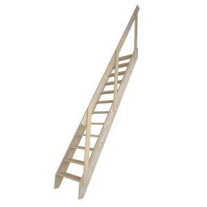 Helle, unbehandelte Fichtenholztreppe mit 12 Stufen und Holzgeländer mit einer Querleiste. Ideal als Innentreppe.