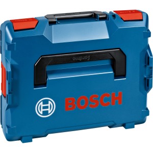 Blaue Bosch Professional L-Boxx 102 Werkzeugkiste mit schwarzem Tragegriff und roten Akzenten.