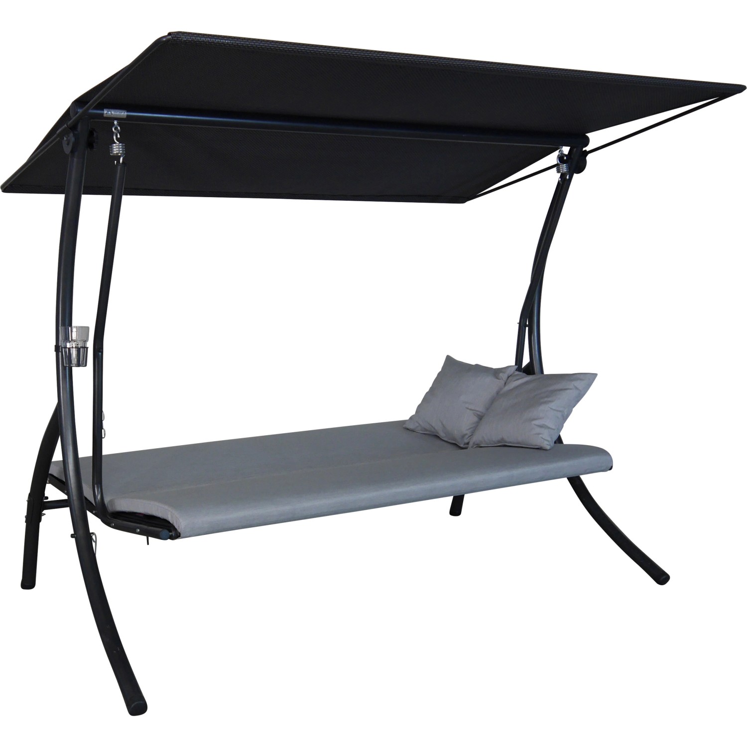 Angerer Hollywoodschaukel Motion Zip Granit, 3-Sitzer mit Sonnendach und grauen Kissen.