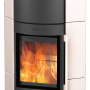Fireplace Adelaide Kaminofen, Keramik schwarz/creme, mit Flammen im Brennraum.