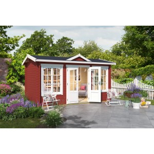 Lasita Maja Gartenhaus Kensington, schwedenrot, mit Fenster und geöffneter Doppeltür.