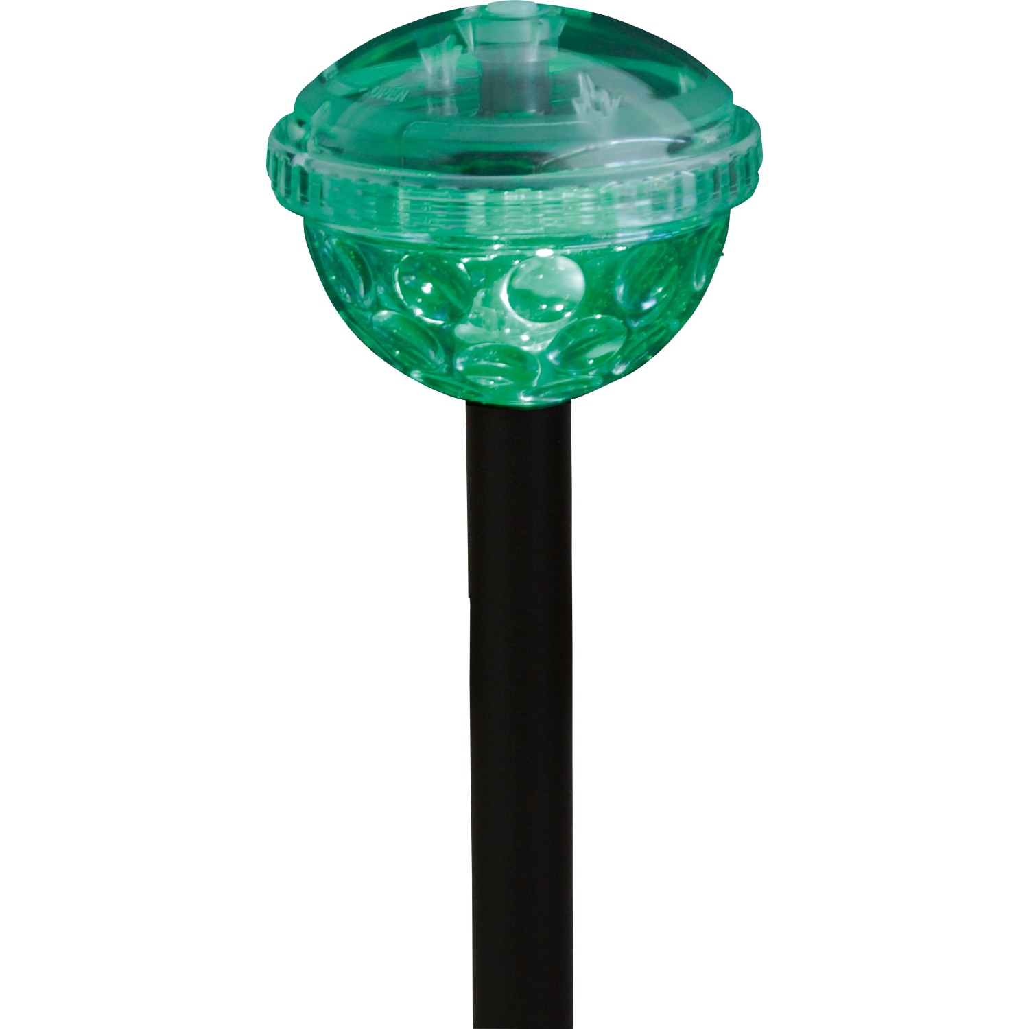 Grüne LED-Solar-Teichleuchte mit Erdspieß und Flash-Effekt für Garten und Teich.