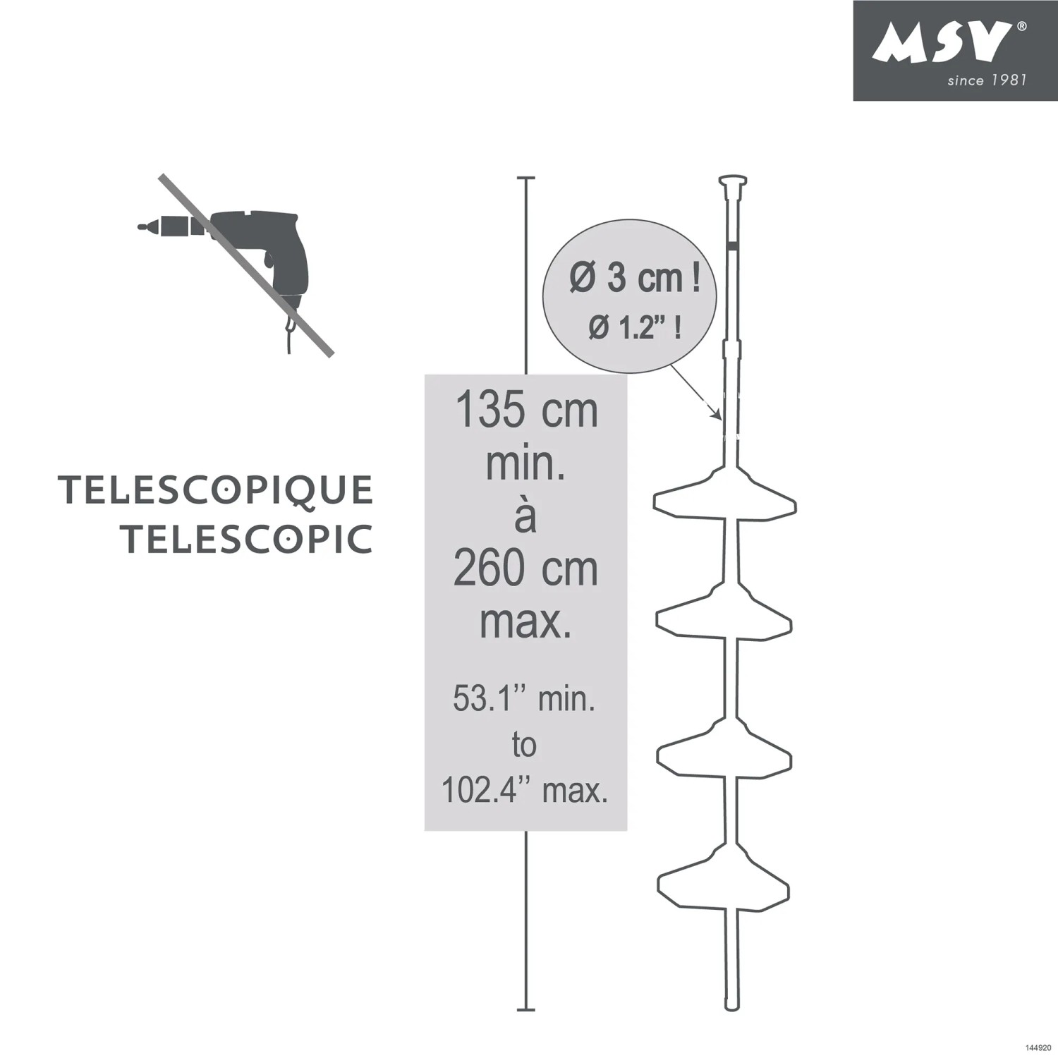 Skizze: MSV Eck-Duschregal, höhenverstellbar von 135 bis 260 cm, mit 4 Ablagen. Kein Bohren notwendig.
