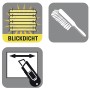 Symbole für blickdichtes Plissee, Reinigung und Zuschnitt.