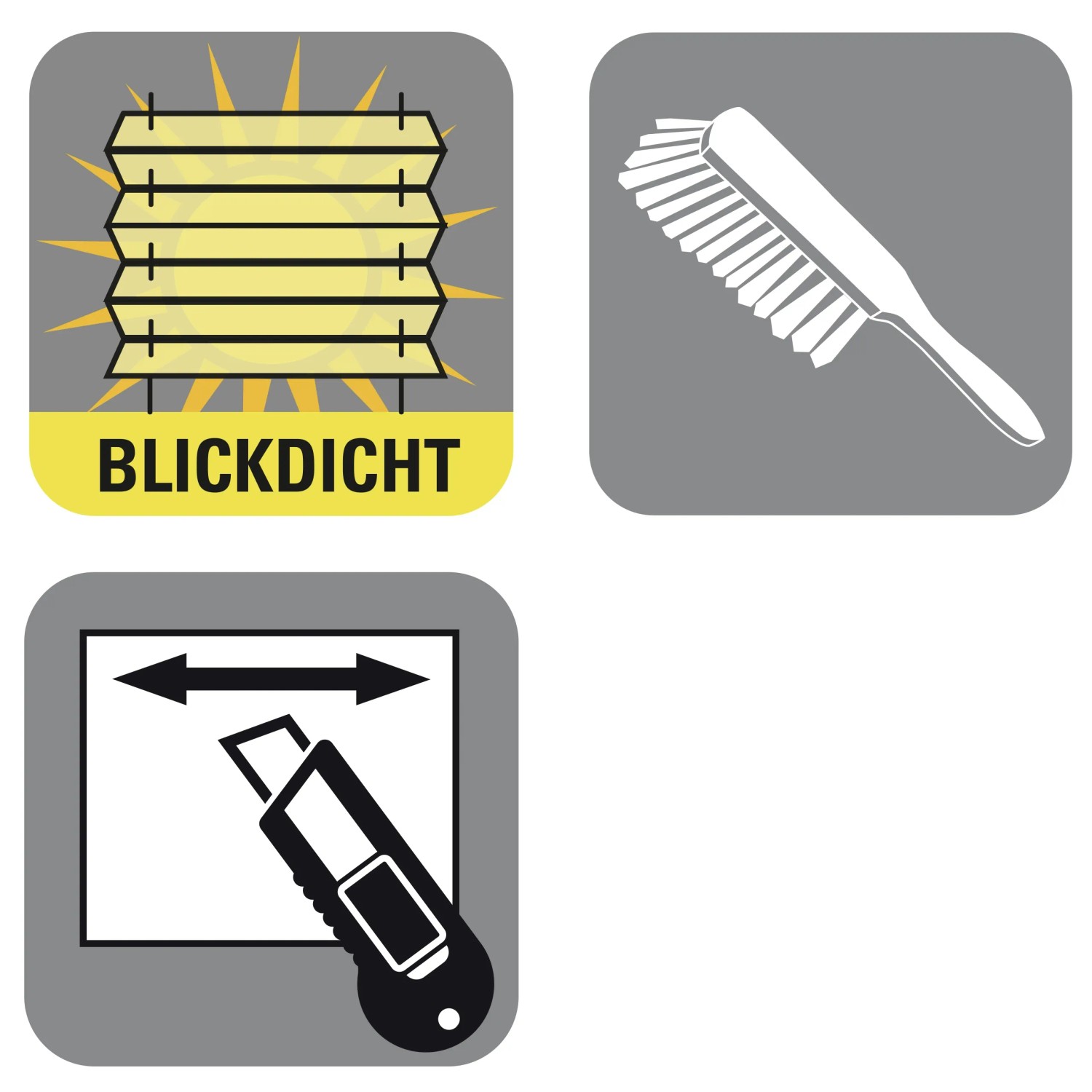 Symbole für blickdichtes Plissee, Reinigung und Zuschnitt.