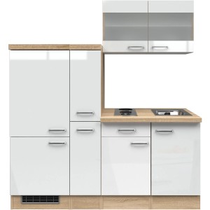 Flex-Well Küchenzeile Valero, 190 cm, Weiß Hochglanz/Sonoma Eiche, mit E-Geräten.