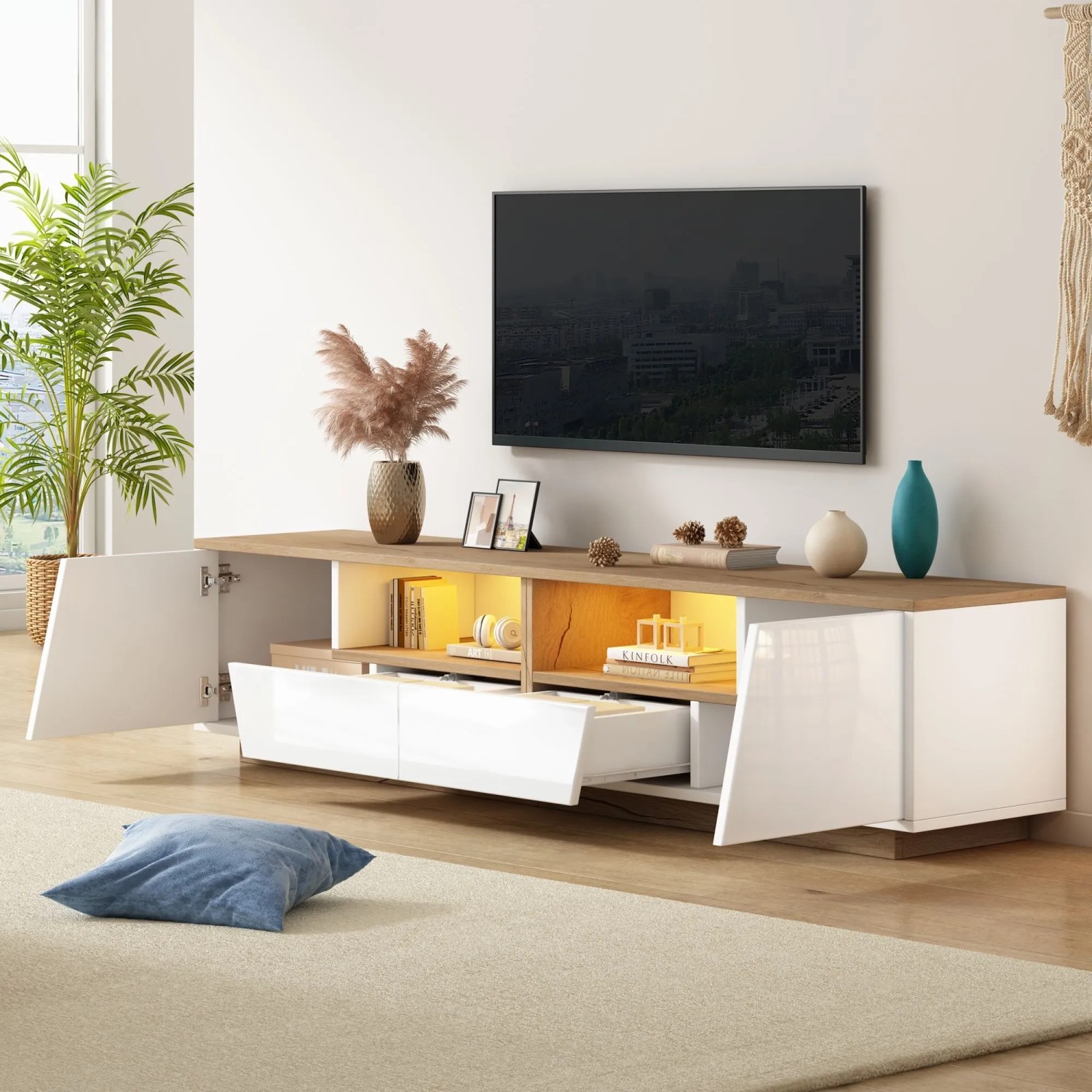 okwish TV Schrank mit LED Schubladen Hochglanz Lowboard Wohnzimmer 180x40x46cm Weiß_3