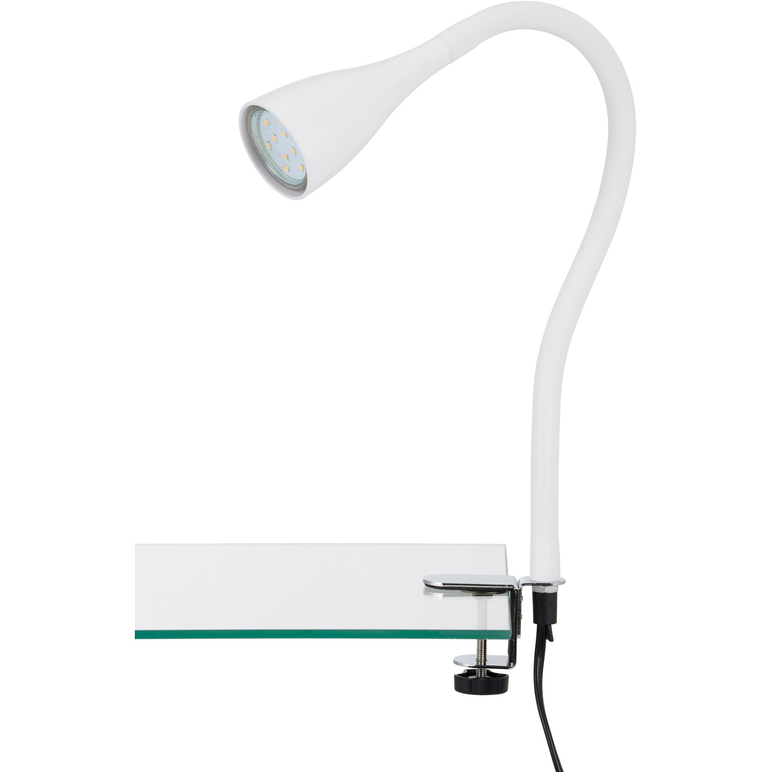 Weiße Briloner LED-Klemmleuchte mit flexiblem Arm und GU10 Leuchtmittel.