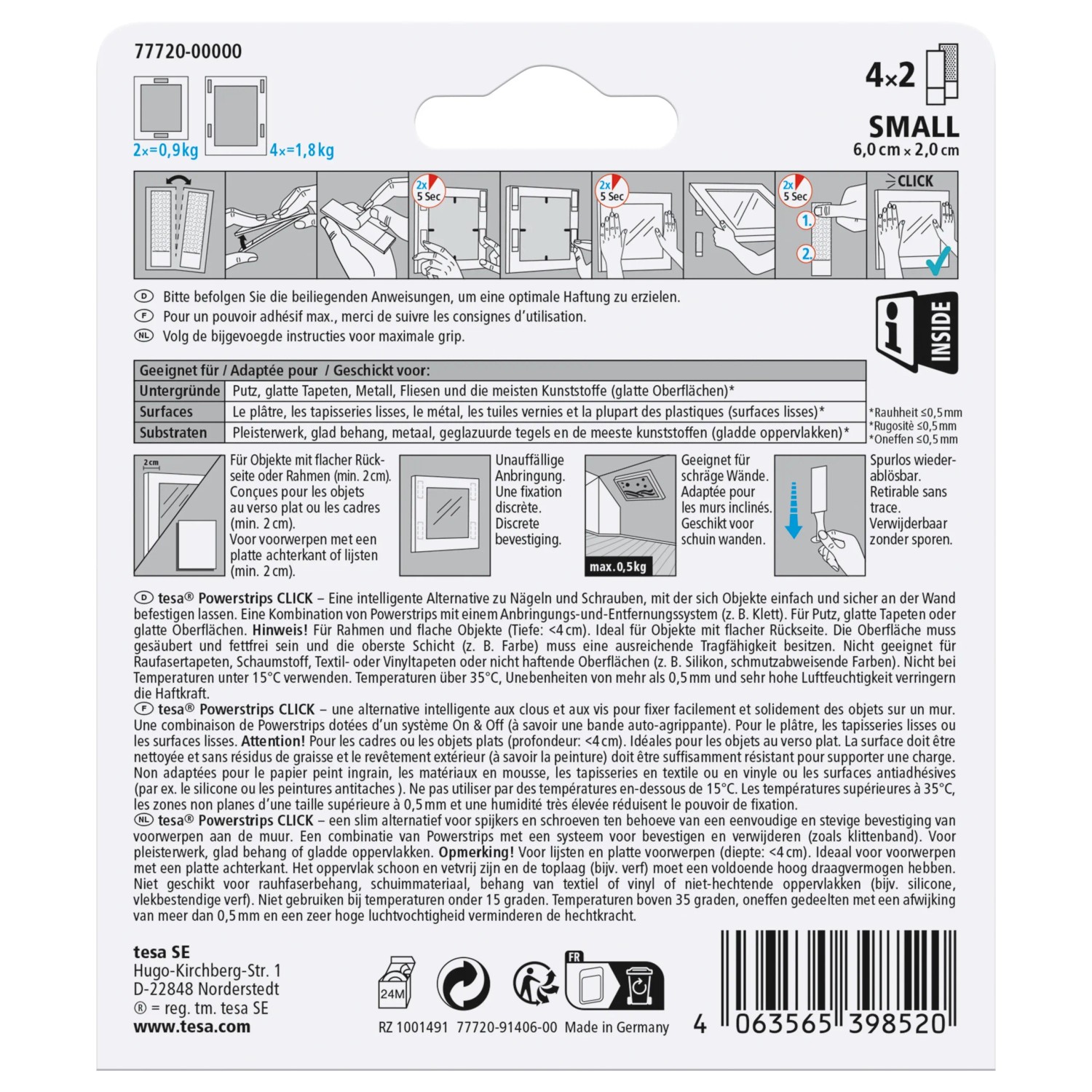 Tesa Powerstrips Click Small, 4 Stück. Klebenägel für unsichtbare, sichere Befestigung von Deko-Objekten.