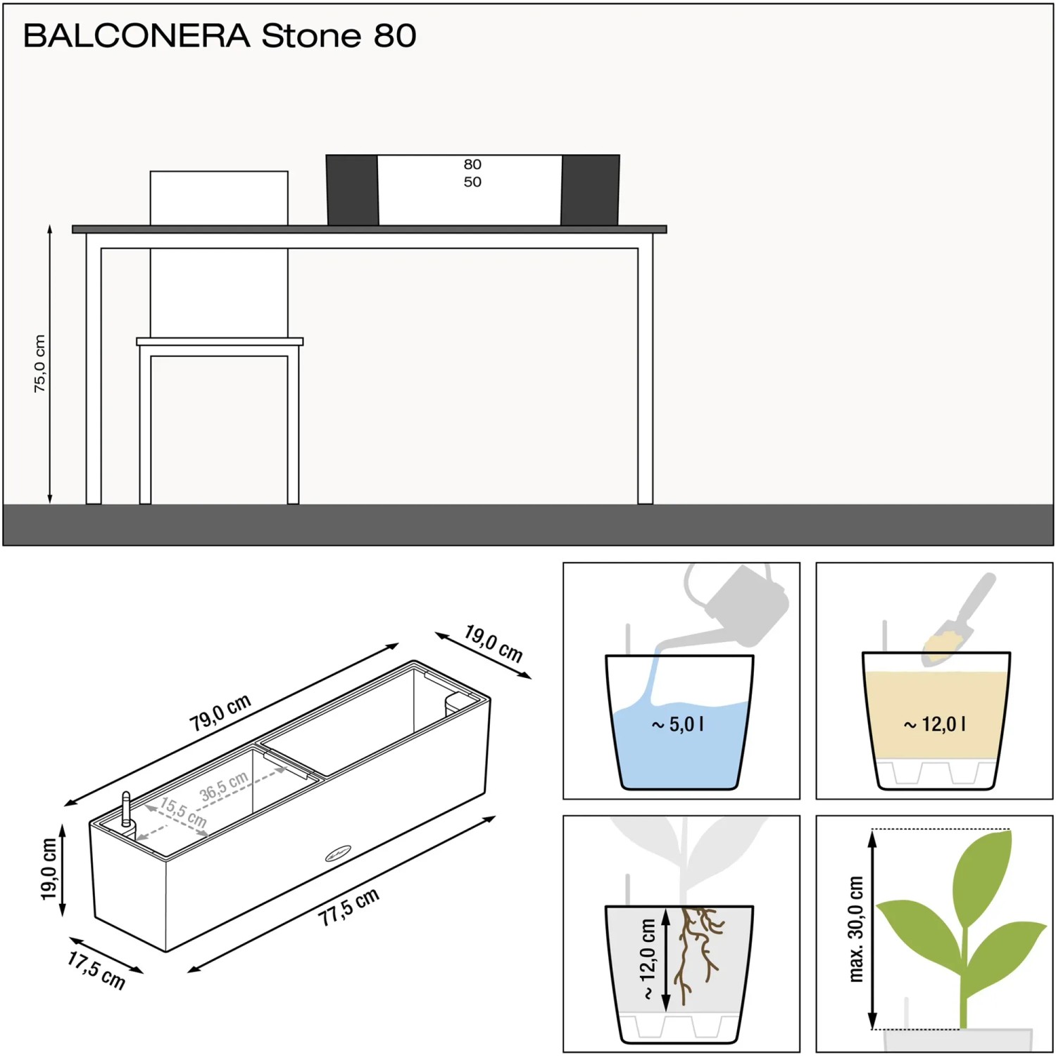 Lechuza Balconera Stone 80, steingrauer Blumenkasten mit Maßen und Bewässerungshinweisen.