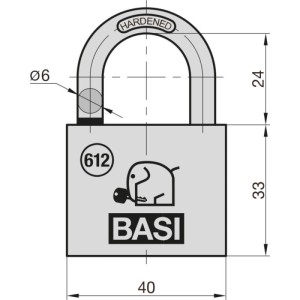 Basi Sicherheitsüberfalle mit Messing Vorhangschloss und Wasserstop, Detailansicht mit Maßen.