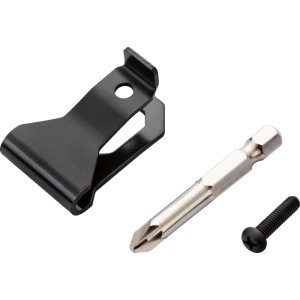 Schwarzer Gürtelclip, silberner Schrauberbit und Schraube als Zubehör für LUX-TOOLS Akku-Bohrschrauber.