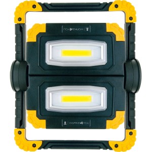 Schwaiger klappbarer Multifunktionsstrahler mit zwei COB-LED Lampen und gelbem Rahmen.