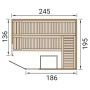 Grundriss der Weka Massivholzsauna Kemi Eck mit Maßen. Elementsauna mit Glastür und Fenster.