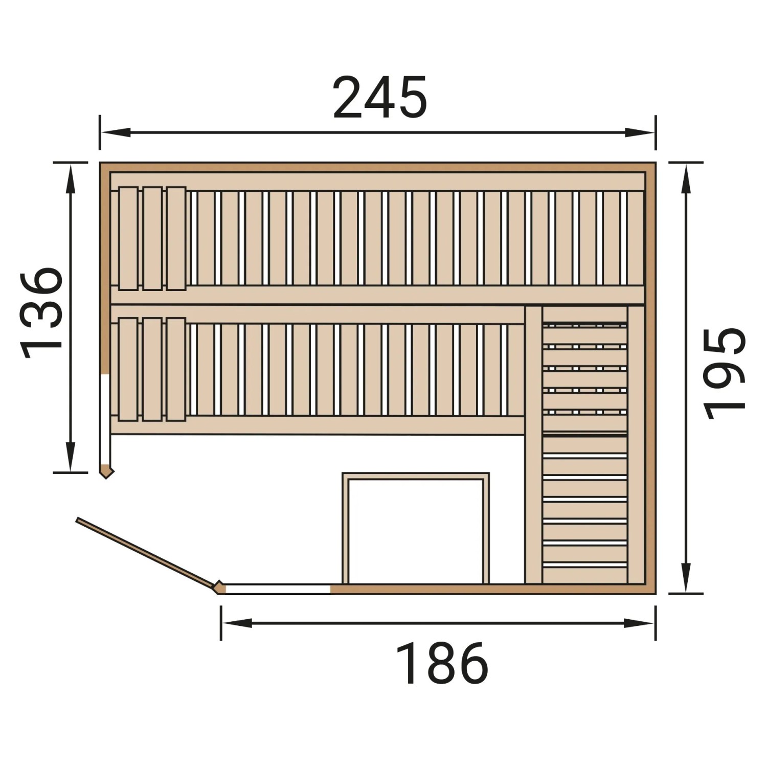 Grundriss der Weka Massivholzsauna Kemi Eck mit Maßen. Elementsauna mit Glastür und Fenster.