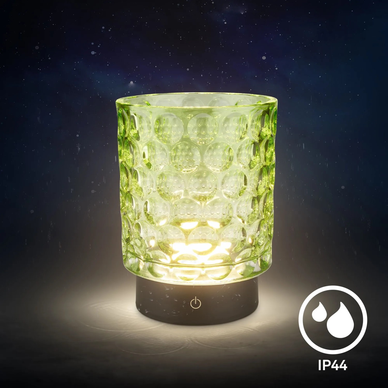 Grüne Brilo Akku-LED-Tischleuchte Sunora aus Glas, dimmbar mit Touchfunktion, IP44 Spritzwasserschutz.
