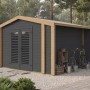 Modernes Weka Gartenhaus Killarney in Anthrazit-Eiche mit Lamellentür und seitlichem Anbau.