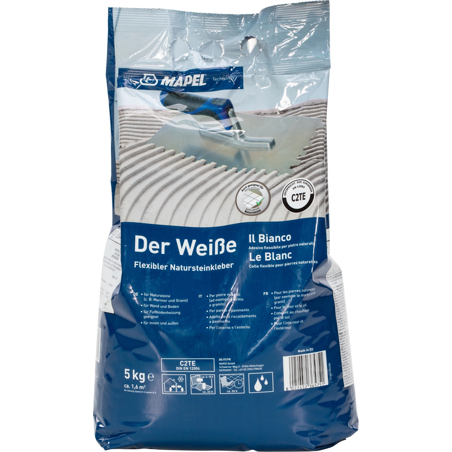 Mapei Natursteinmörtel C2TE 5 kg Sack, geeignet für Natursteinfliesen.