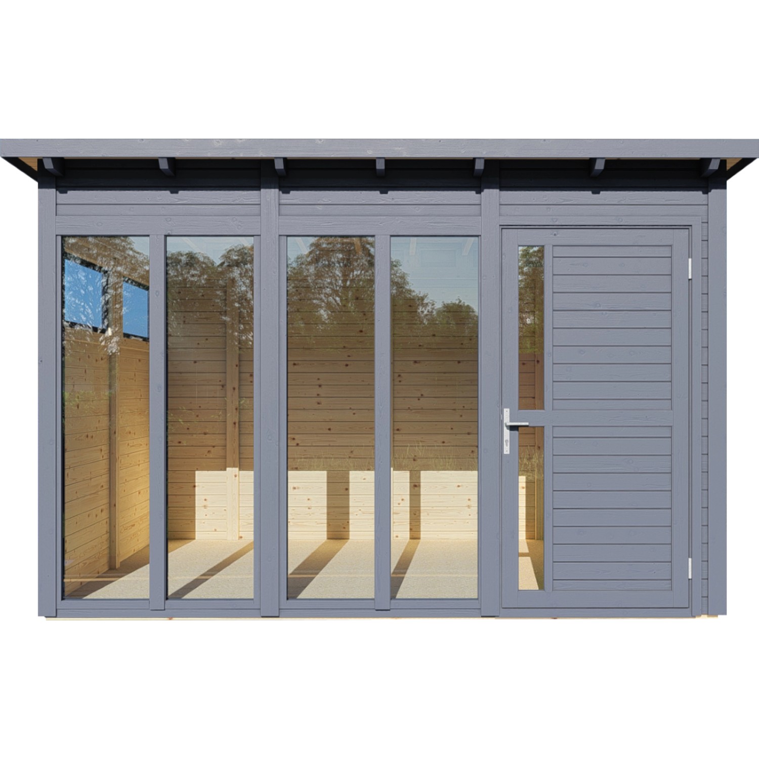 Anthrazitfarbenes Bertilo Gartenhaus Pentus 3 Office mit Fensterfront und Tür.