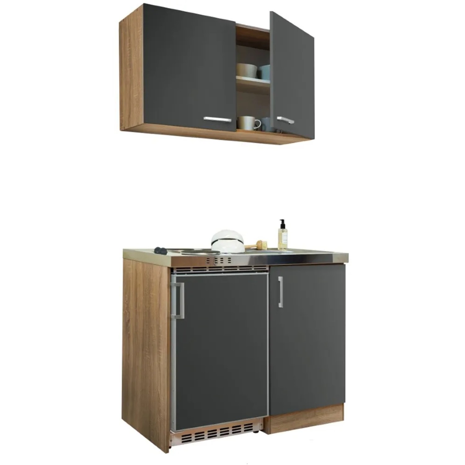 Respekta Miniküche MK100ESGOS, 100 cm, Grau-Eiche Dekor mit Kühlschrank und 2 Kochplatten