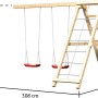 Karibu Spielturm mit Doppelschaukel, Klettergerüst und roter Rutsche. Abmessungen sind eingezeichnet.