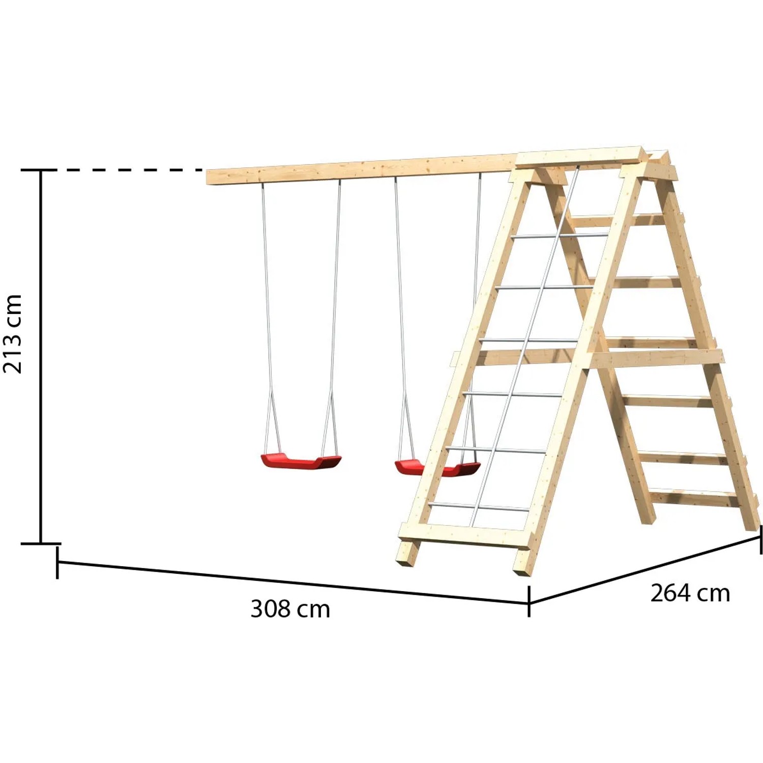 Karibu Spielturm mit Doppelschaukel, Klettergerüst und roter Rutsche. Abmessungen sind eingezeichnet.