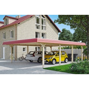 Skan Holz Doppelcarport Wendland Natur mit roter Blende und zwei geparkten Autos.