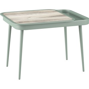 Grüner Balkontisch Paita (65x89,5 cm) mit Holzoptik-Tischplatte und Ablage für Balkon oder Terrasse.