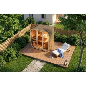 FinnTherm Fasssauna Ellipso M im Garten mit Liege und Holzboden.