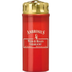 Rotes Ambrosius Grablicht „Wind & Regen 45“ mit Metalldeckel, Brenndauer 4 Tage.