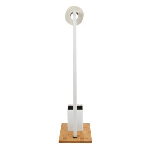 MSV WC-Garnitur aus Bambus und Edelstahl, weiß-braun, mit Toilettenpapierhalter und Bürste.