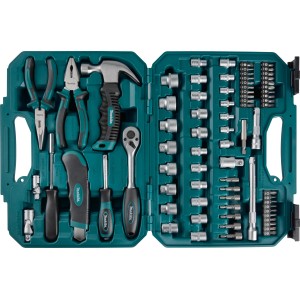 Makita Werkzeug-Set E-10899, 76-teilig im blauen Tragekoffer mit Hammer, Zangen, Schraubenschlüssel und Bits.