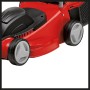 Detailaufnahme: Roter Einhell GC-EM 1032 Elektro-Rasenmäher mit schwarzen und grauen Akzenten.