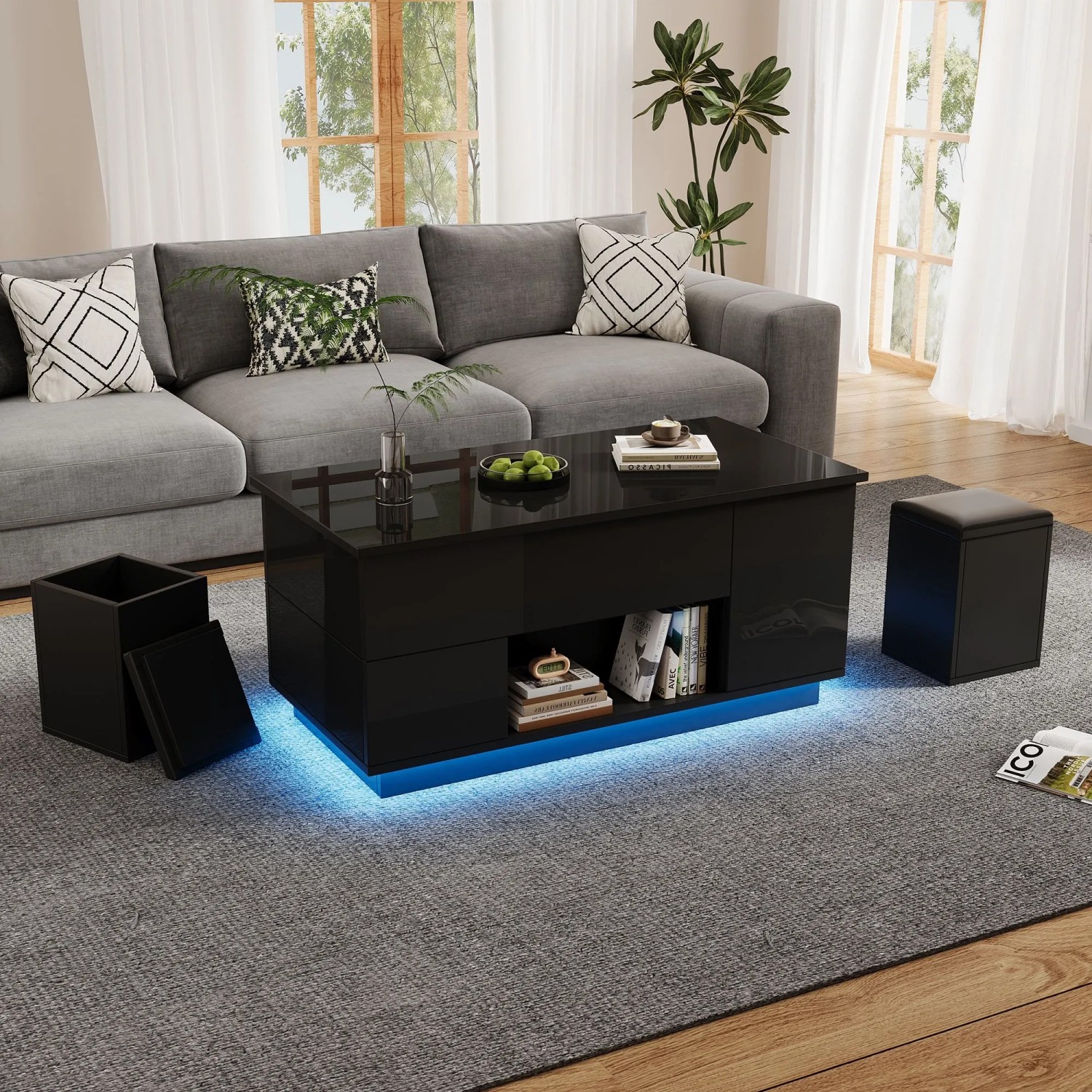 Merax Couchtisch Höhenverstellbar mit LED 2 Schubladen 2 Hocker Stauraum Schwarz kaufen bei OBI