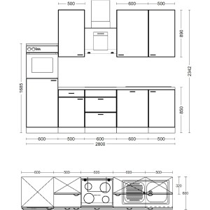 Skizze der Flex-Well Exclusiv Küchenzeile Valero 280 cm in Weiß Hochglanz/Sonoma Eiche mit Maßen.