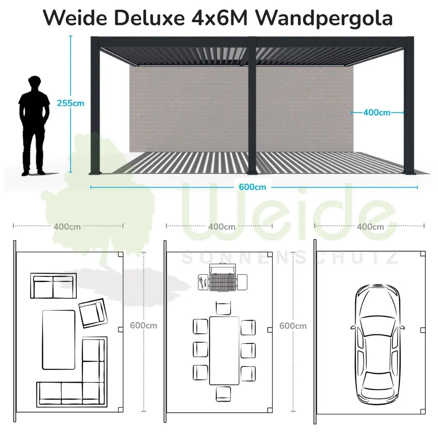 Weide E-Deluxe Plus | elektrische Wand Pergola mit LED | Voll Aluminium | 4 x 6 M | motorisiertes Lamellendach weiß_6