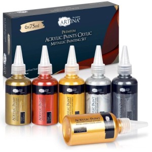 Artina Metallic Acrylfarben Set, 6 Farben (Gold, Silber, Rot, Schwarz) à 75ml. Künstlerfarben für Leinwand und mehr.