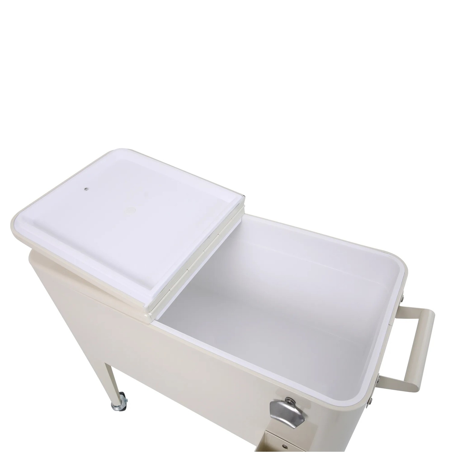 Beige Best Icy Kühlbox auf Rädern mit offenem Deckel, weißem Innenraum und integriertem Flaschenöffner.