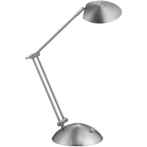 Moderne, dimmbare LED Tischleuchte Calcio in Nickel matt. Schreibtischlampe mit schwenkbarem Arm.