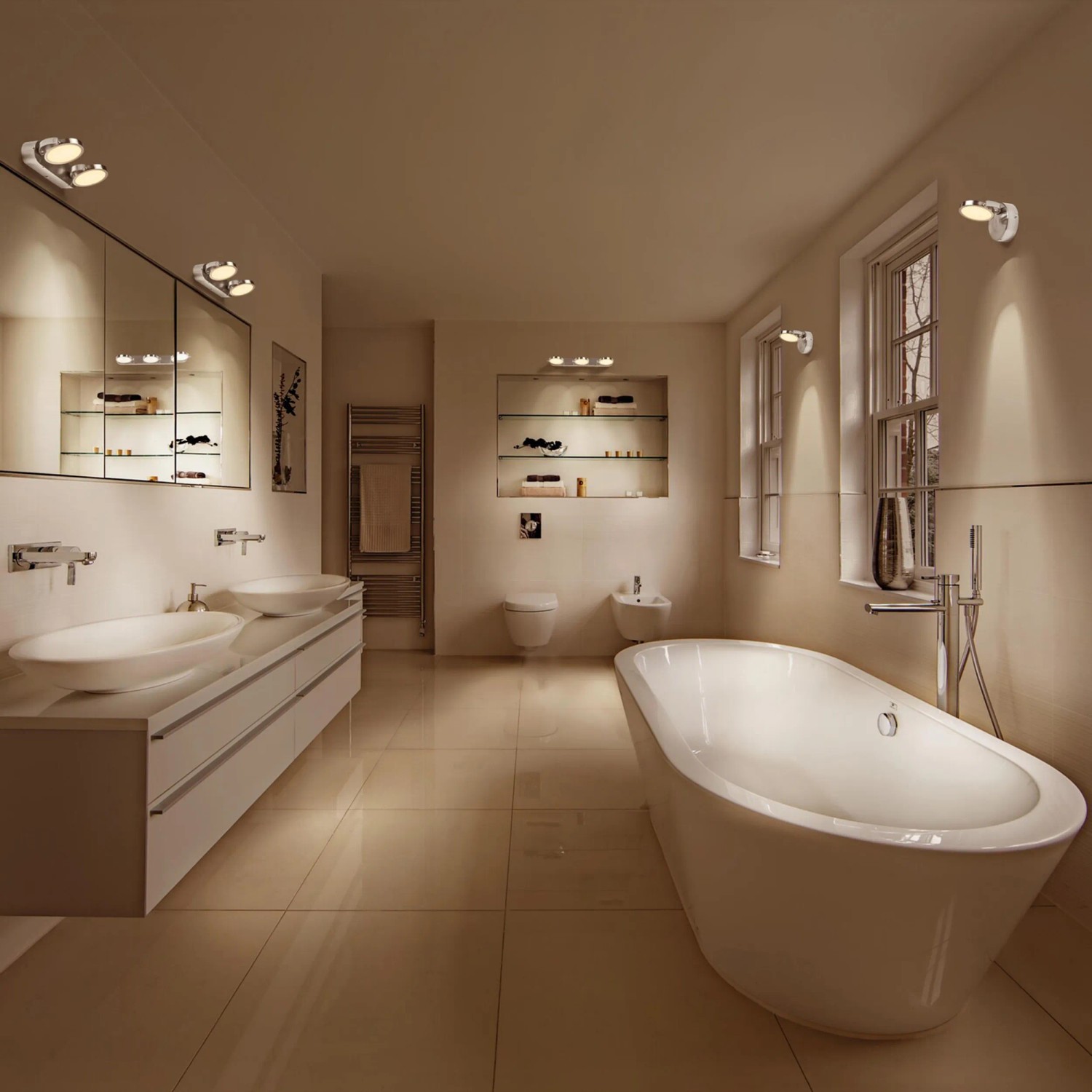 Modernes Badezimmer mit silberner Ledvance Sun@Home Smart+ Badezimmerleuchte Ø 45 cm.