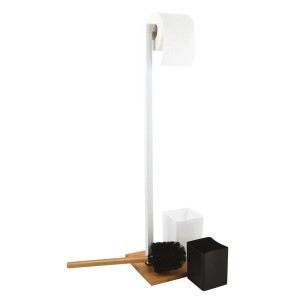 MSV WC-Garnitur aus Bambus und Edelstahl, weiß-braun, mit Toilettenpapierhalter und WC-Bürste.