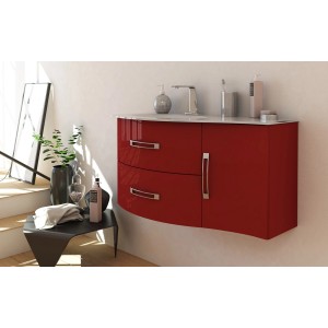 Waschbeckenunterschrank Best, 69 cm, rot glänzend mit zwei Schubladen und einer Tür.